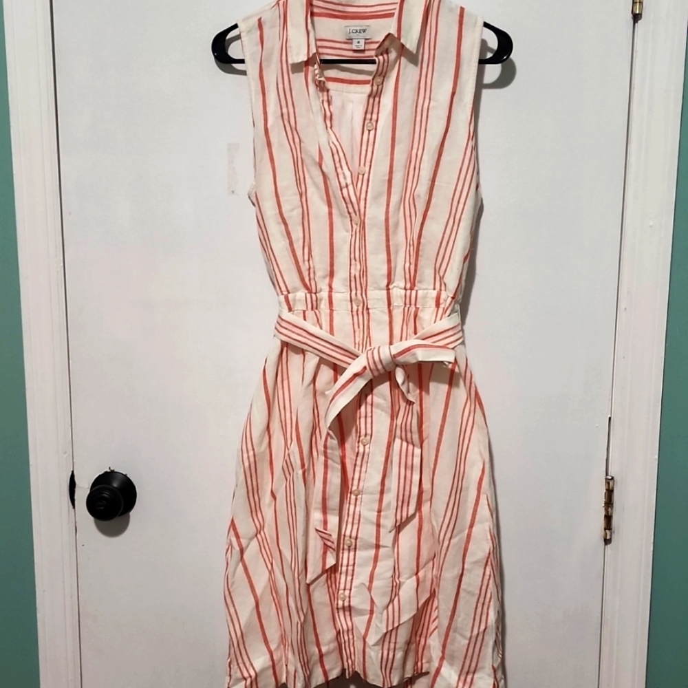 J.CREW Linen Blend Striped Button Down Belted Dress